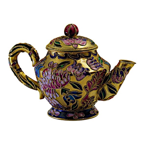 Vintage Small Cloisonné Hand-Painted and Enamel Gold Gilt Teapot and Lid - Picture 3 of 9